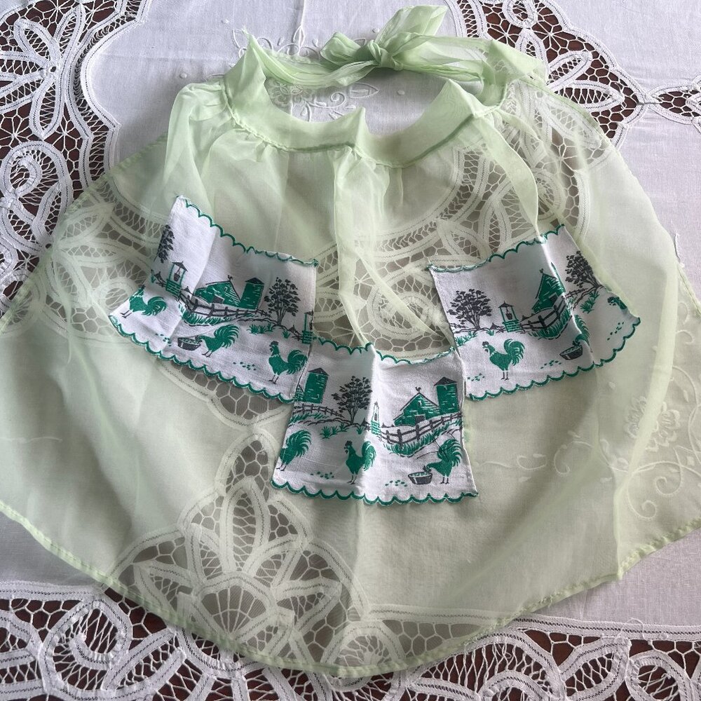 Vintage Green Chiffon Half Apron Pockets Chicken Rooster Farm Scene Retro Kitche
